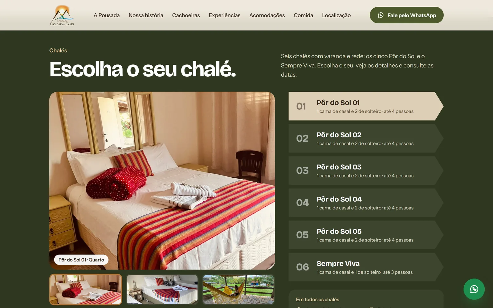 Site da Pousada Guardião da Serra: escolha do chalé