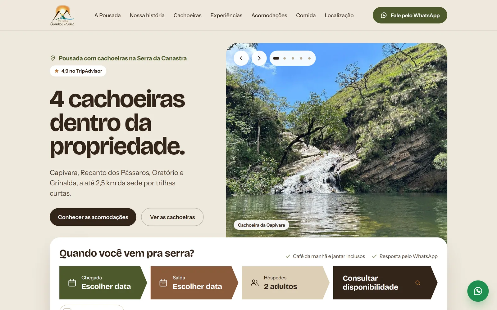 Site da Pousada Guardião da Serra: página inicial com consulta de disponibilidade