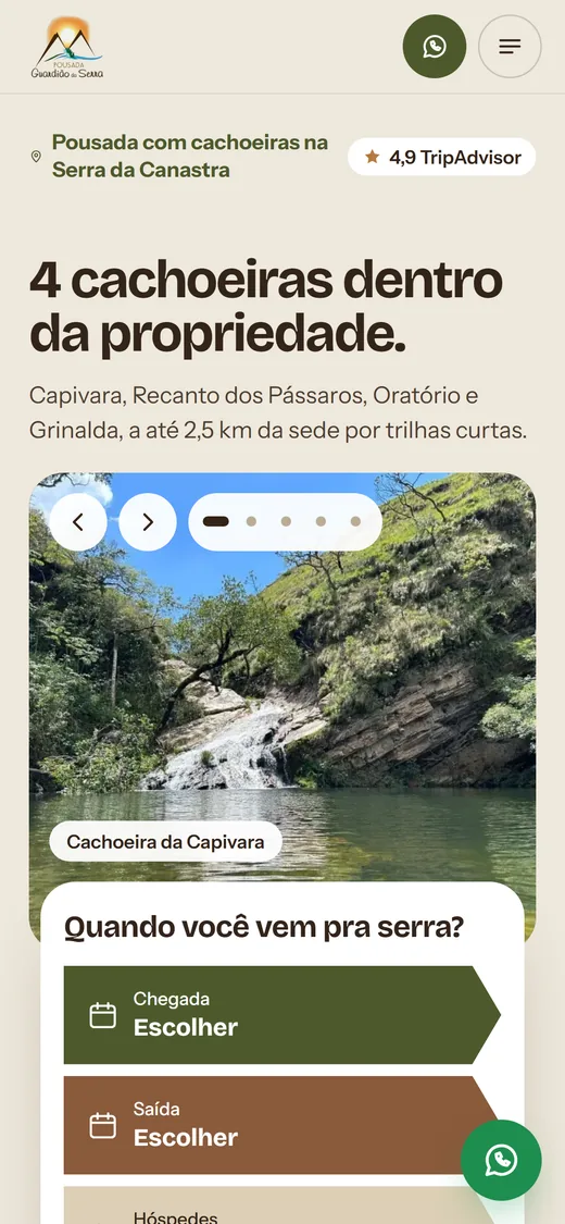 Site da Pousada Guardião da Serra no celular