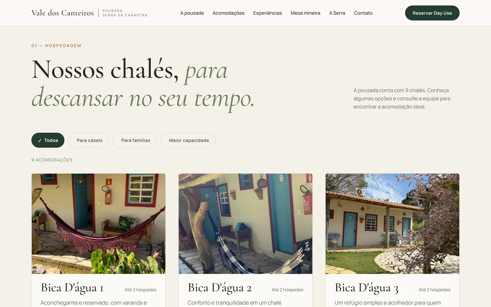Site da Pousada Vale dos Canteiros: chalés