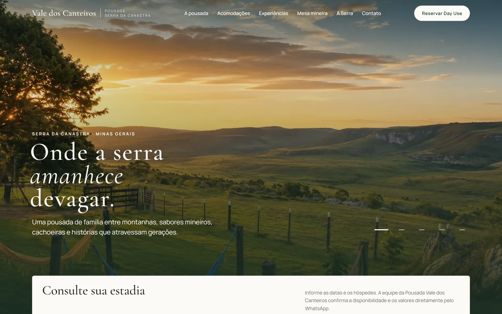 Site da Pousada Vale dos Canteiros: página inicial