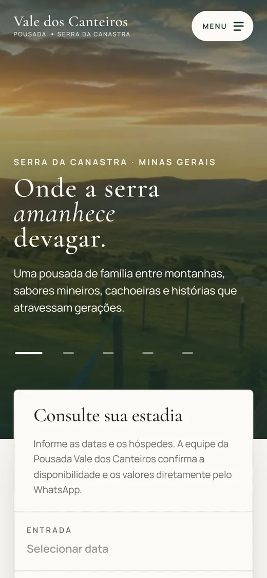 Site da Pousada Vale dos Canteiros no celular